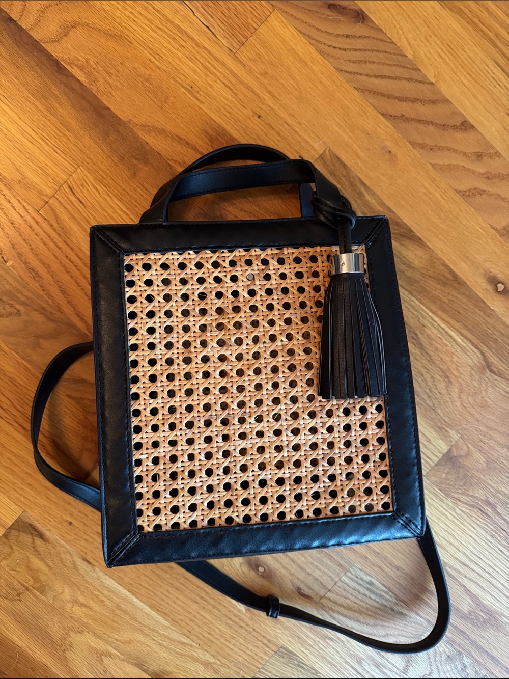 ZARA Woven Rattan Panel Black Tote Bag with Tassel NWOT